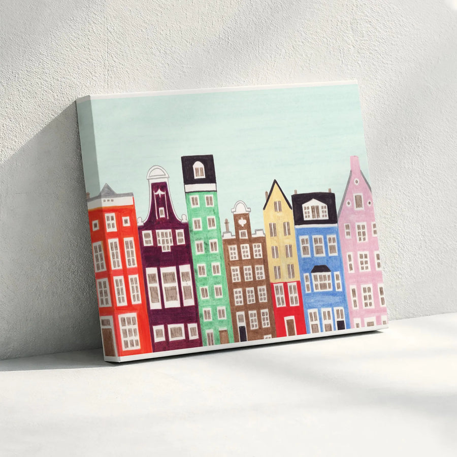 Amsterdam Canvas Wall Art | Colorful Dutch Canal Houses Sketch | Premium Gallery Wrapped Print | Netherlands Travel Souvenir Gift