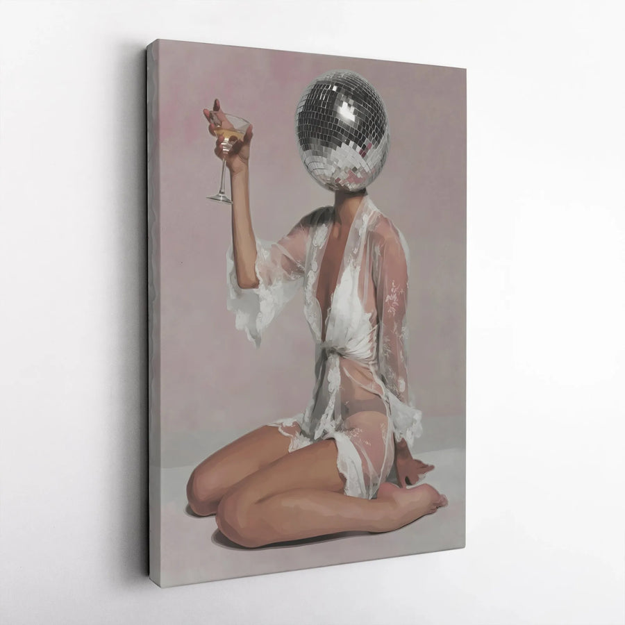 Disco Ball Head Canvas Print | Surreal Woman with Champagne Glass | Premium Gallery Wrapped Canvas | Modern Bar Cart Art Gift for Her