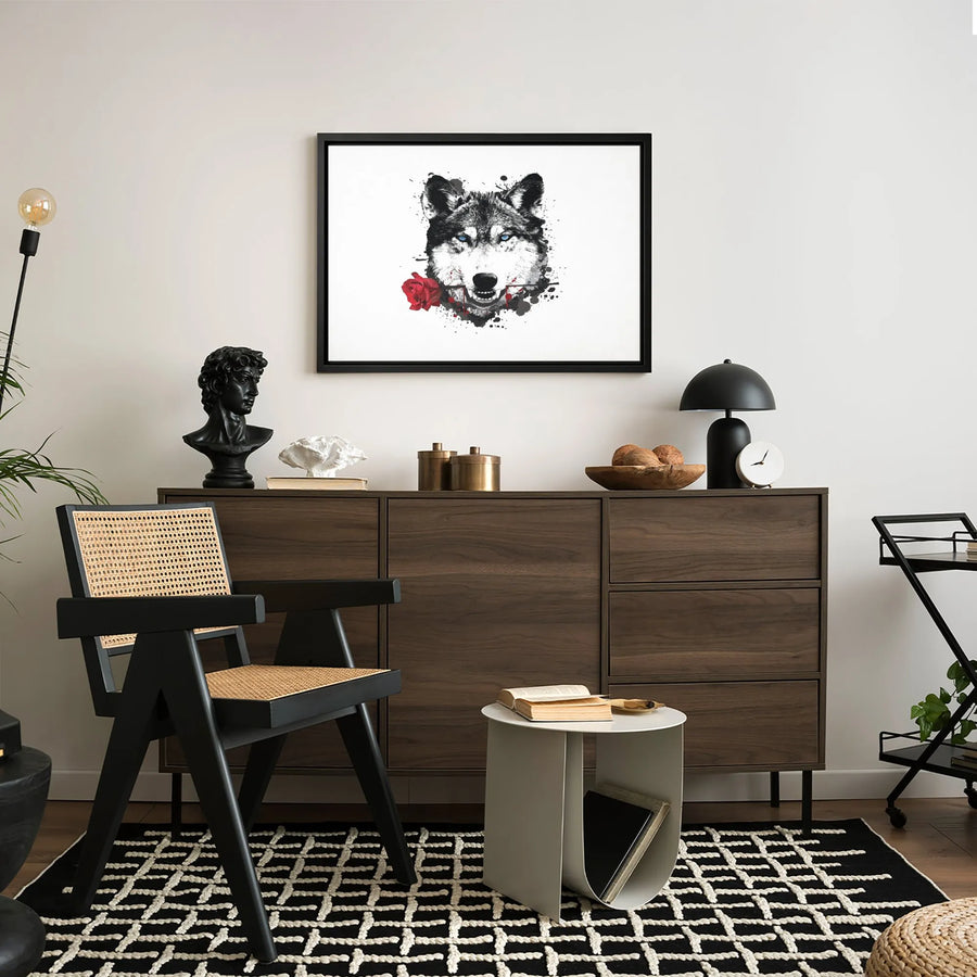 Wolf Wall Art Canvas | Ink Splatter Blue Eyes Red Rose Design | Premium Gallery-Wrapped Print | Wildlife Home Decor Gift for Animal Lovers