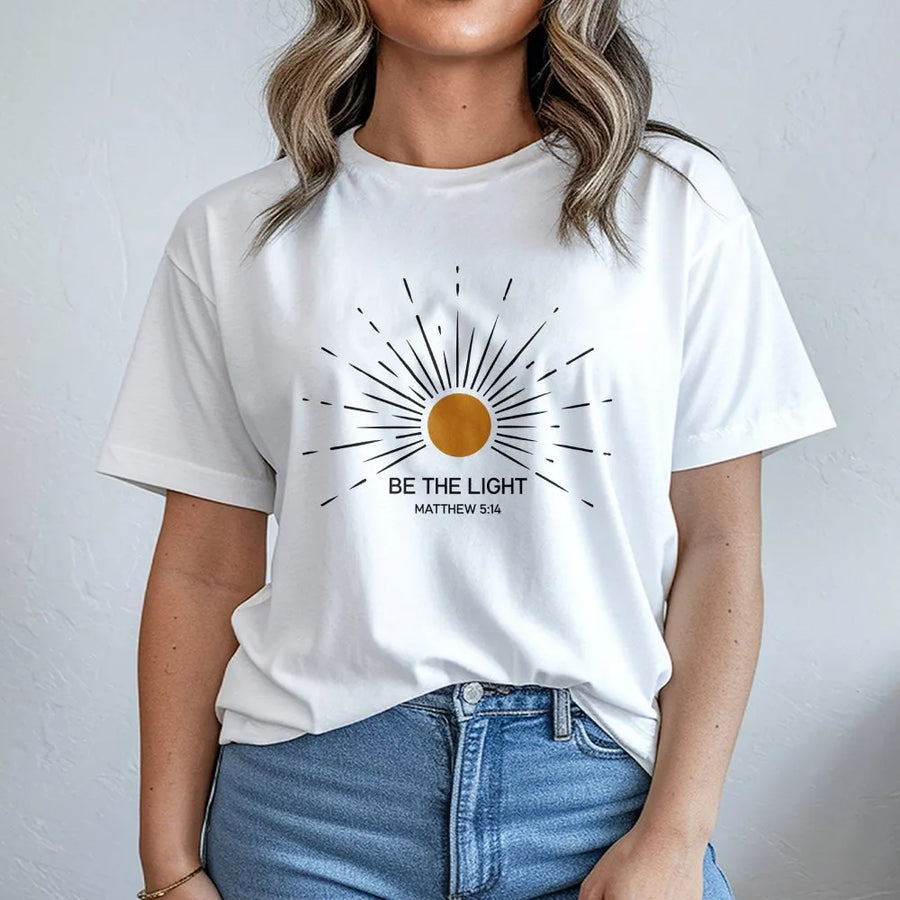Be The Light T-Shirt | Matthew 5:14 Bible Verse Sunburst Graphic | 100% Cotton Premium Tee | Faith-Based Inspirational Gift For Him Or Her