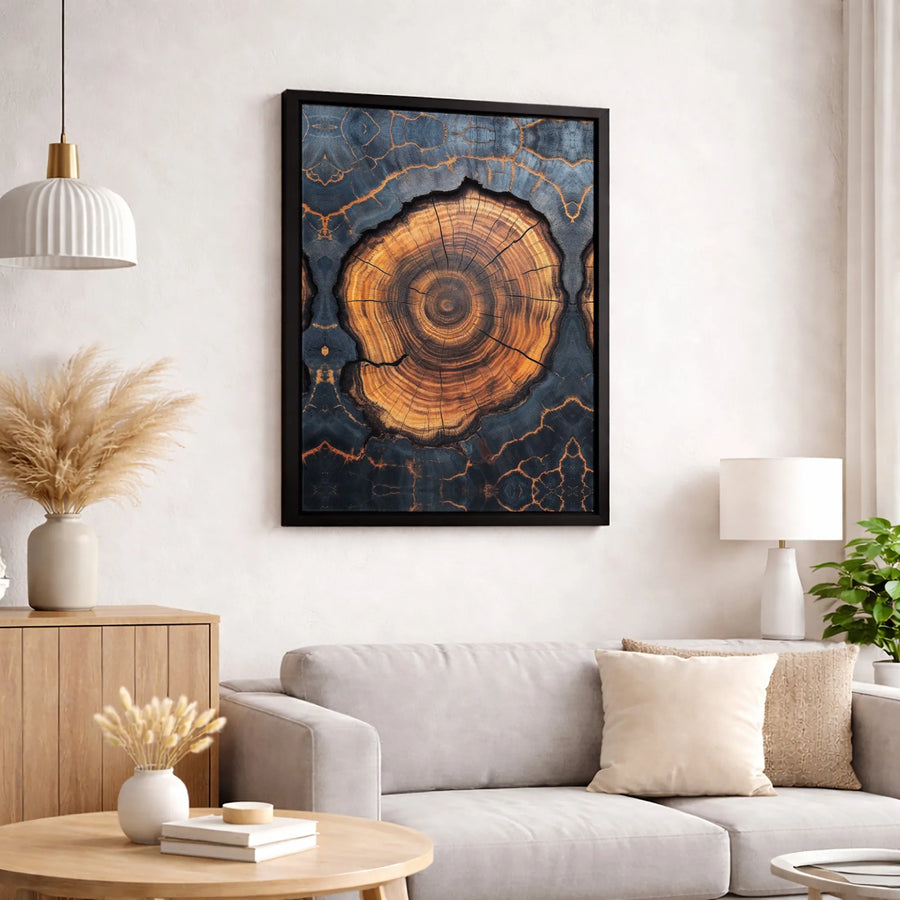 Abstract Tree Ring Canvas Wall Art | Dark Wood Grain with Golden Veins | Premium 1.25-Inch Profile | Modern Home & Office Decor Gift
