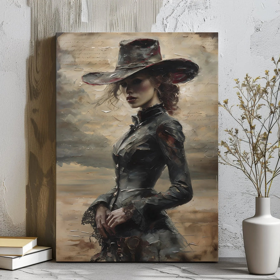 Gothic Cowgirl Canvas Wall Art | Moody Victorian Western Woman Oil Painting Style | Premium Gallery Wrap Decor | Unique Gift for Western Lovers