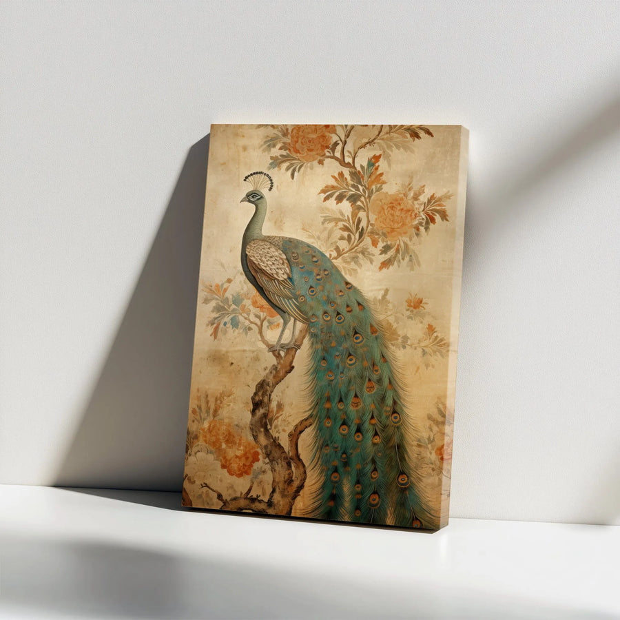 Vintage Peacock Canvas Wall Art | Chinoiserie Botanical Illustration | Premium Gallery Wrapped Canvas | Collector's Living Room Decor Gift