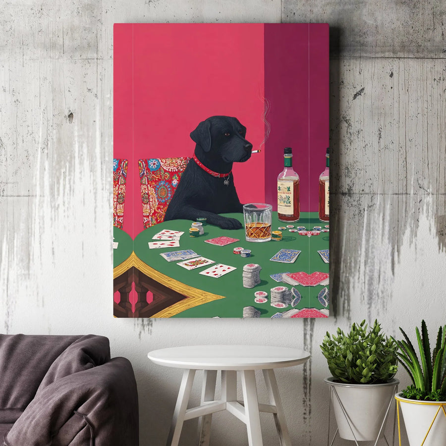 Black Labrador Playing Poker Canvas Art | Funny Smoking Dog with Whiskey Print | Premium Gallery Wrapped Canvas | Gift for Him, Bar & Man Cave Decor