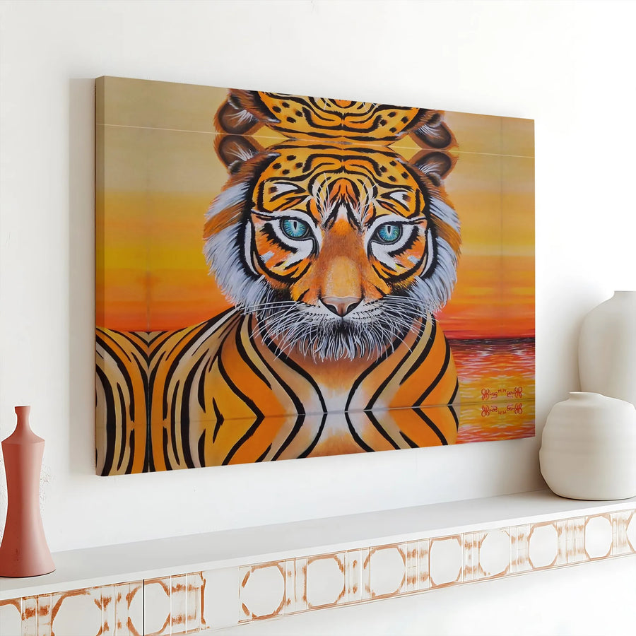 Tiger Canvas Wall Art | Blue Eyed Tiger with Sunset Reflection | Premium Gallery Wrapped Canvas | Wildlife Home Decor Gift for Animal Lovers