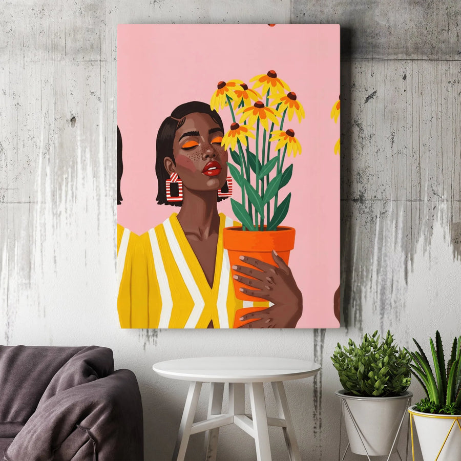 Black Woman Art Canvas Print | Vibrant Floral Portrait Illustration | Premium Gallery Wrapped Canvas | Modern Feminine Home Decor Gift