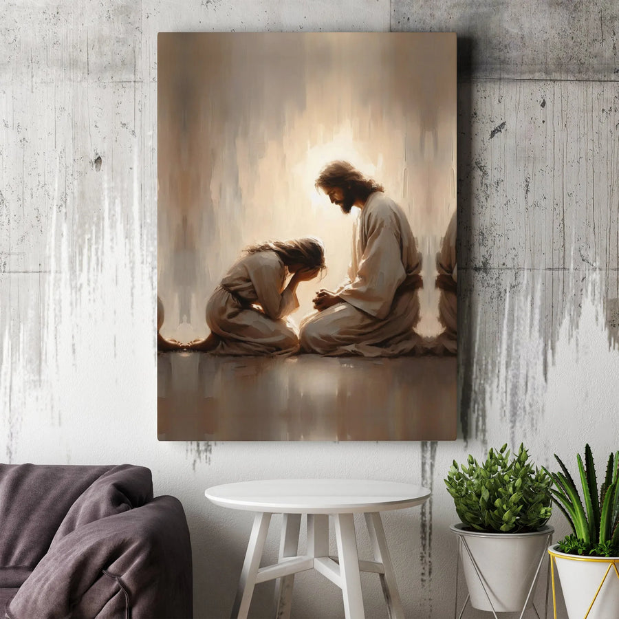 Jesus Christ Comforting Kneeling Woman Canvas Print | Spiritual Religious Wall Art | Premium Fade-Resistant Decor | Christian Gift for Home Office
