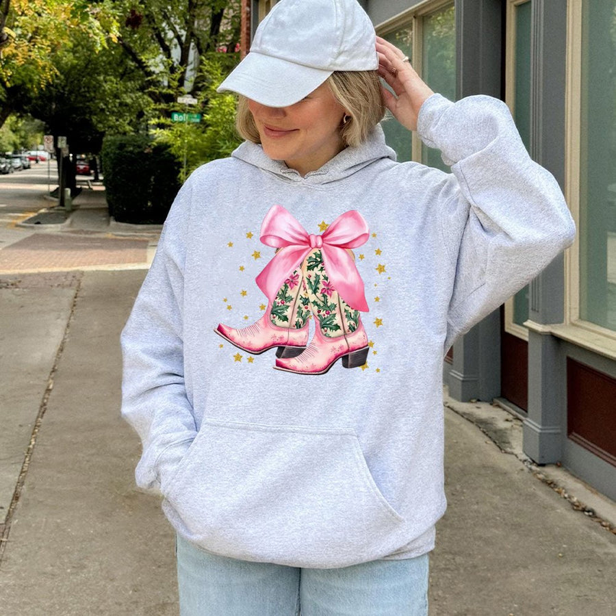 Pink Cowboy Boots Hoodie | Christmas Holly & Bow Graphic | Premium Cotton Blend | Festive Western Style Gift for Women