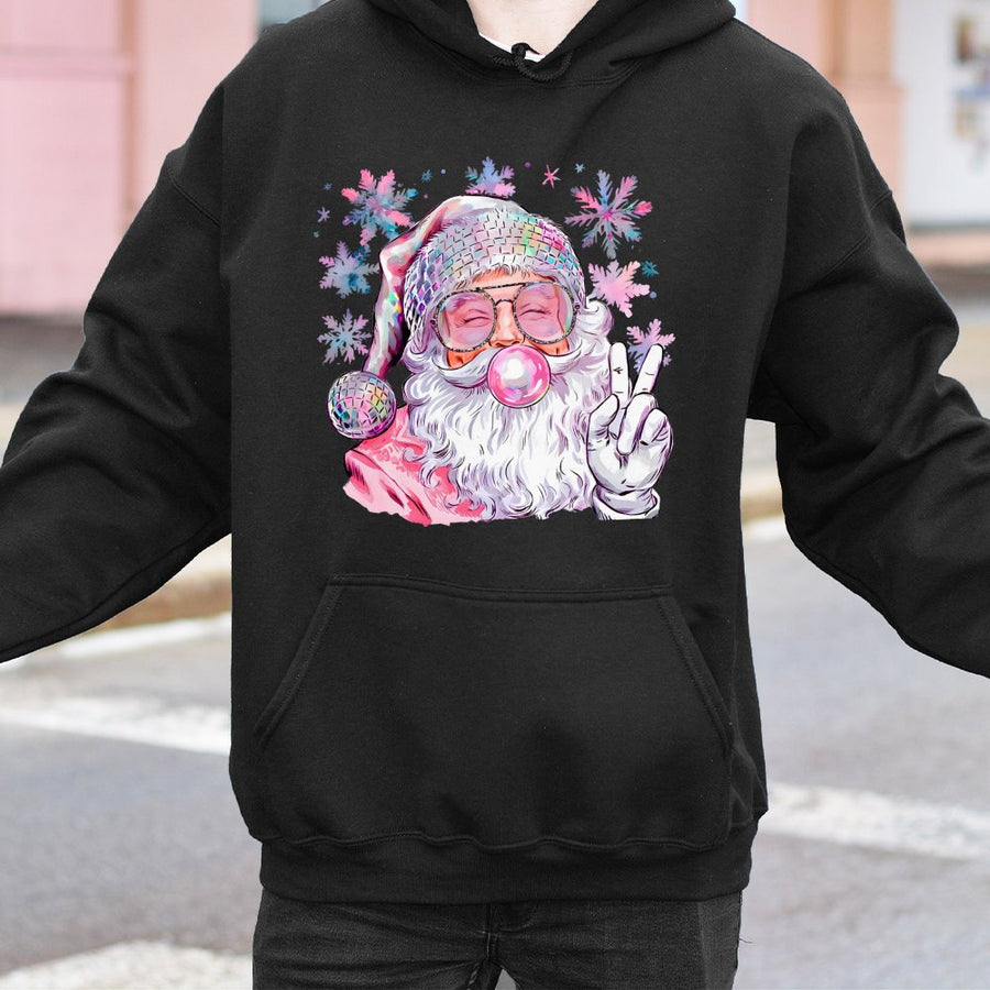 Disco Santa Christmas Hoodie | Bubble Gum Santa Graphic Print | Cotton Blend Premium Sweatshirt | Festive Holiday Gift for Women