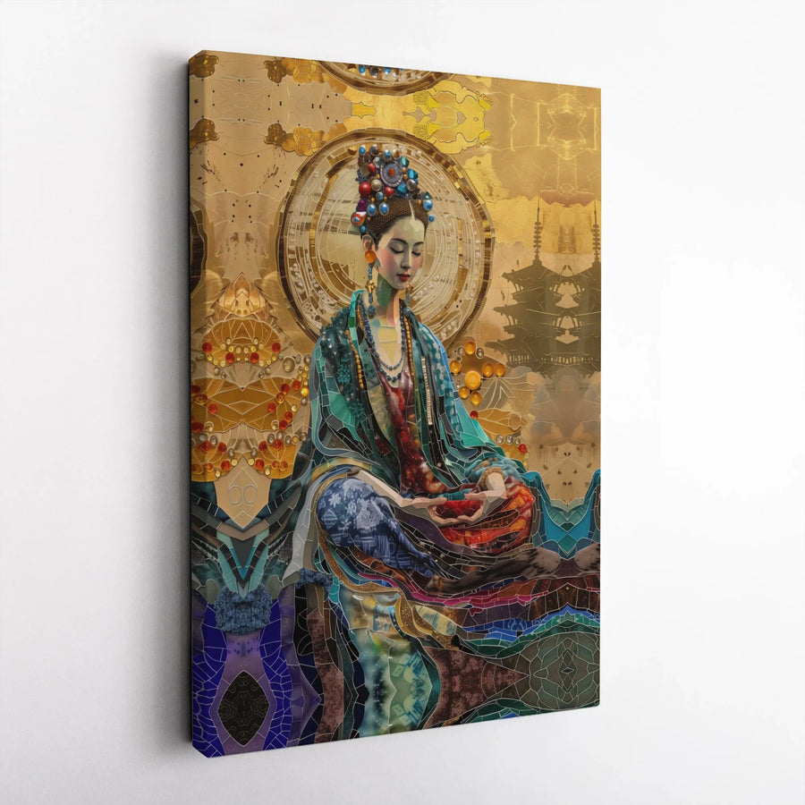 Zen Goddess Canvas Wall Art | Mosaic Stained Glass Style Oriental Art | Premium Thick Gallery Canvas | Yoga Studio & Meditation Room Decor Gift