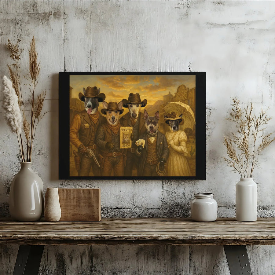Cowboy Dog Western Wall Art | Vintage Old West Cowboy Pets Poster | Premium Stretched Gallery Canvas | Unique Man Cave Decor Gift