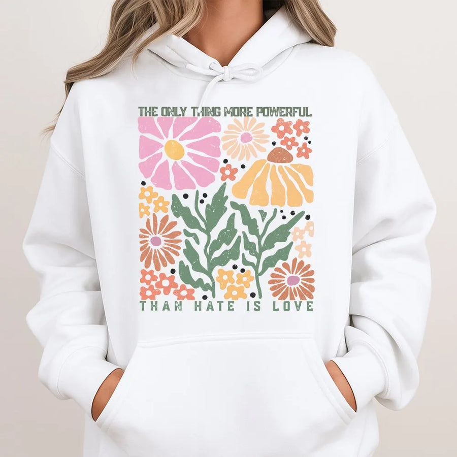 Retro Floral Hoodie | Kindness Quote Love Over Hate Graphic | Cozy Cotton Blend Pullover | Hippie Aesthetic Gift for Women