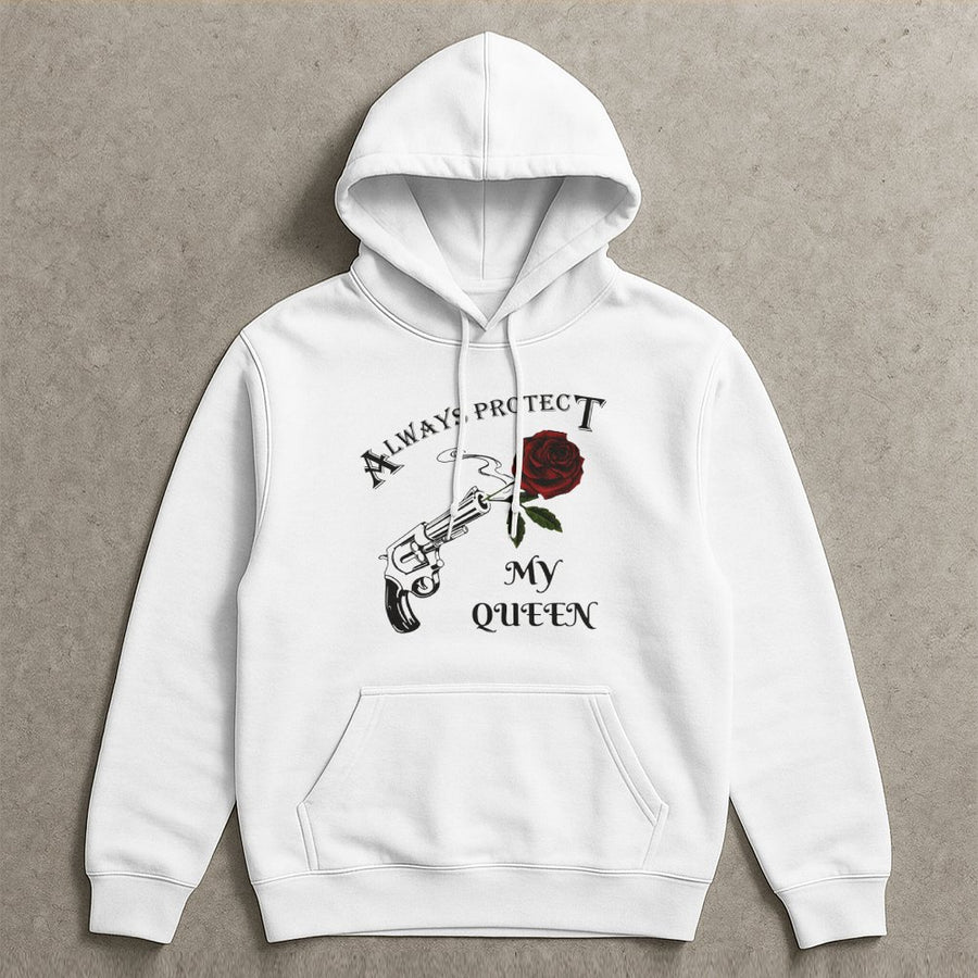 Always Protect My Queen Hoodie | Romantic Gun and Rose Graphic Design | Premium Cotton Blend Unisex Pullover | Anniversary Gift for Couples