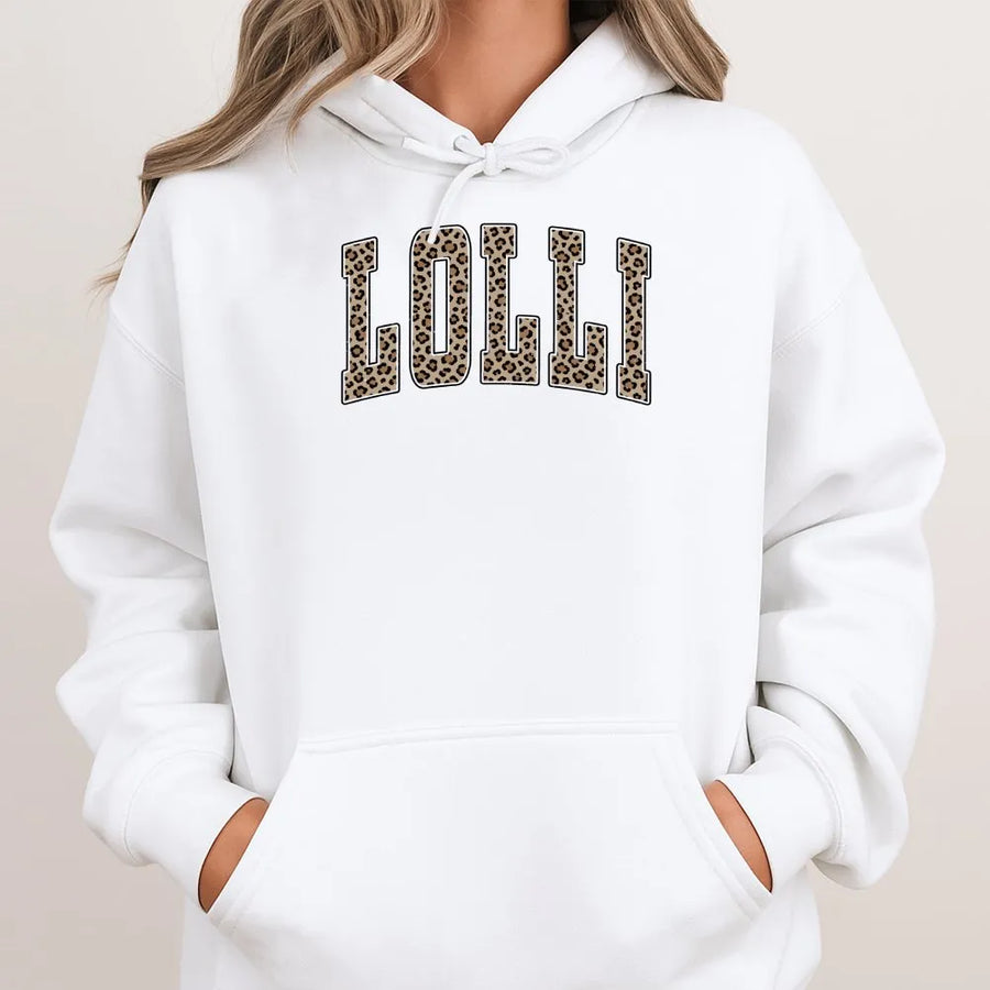Lolli Hoodie | Leopard Print Varsity Letters | Premium Cotton-Blend Pullover Hoodie | Gift for New Grandma, Mother's Day