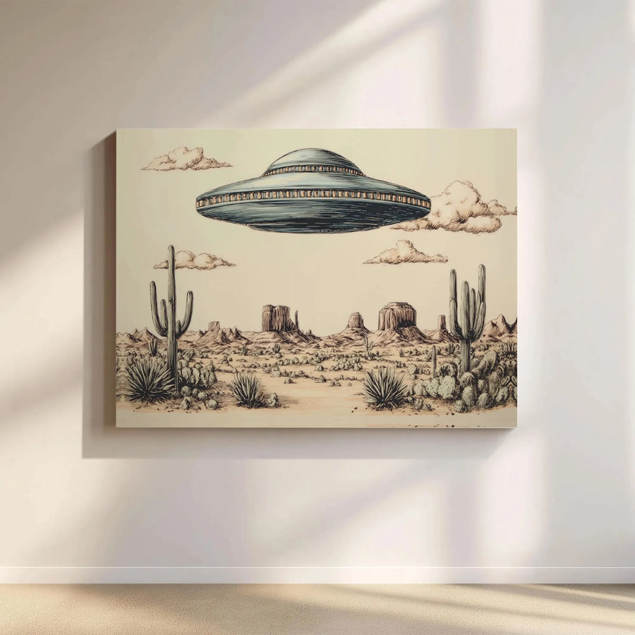 Retro UFO Desert Horizontal Canvas | Vintage Flying Saucer Landscape Sketch | Premium 1.25-Inch Gallery Wrap | Cool Alien Sci-Fi Wall Art Gift for Home Office