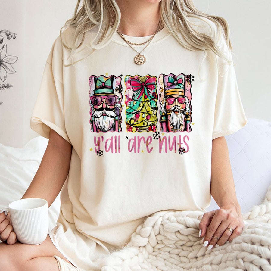 Y'all Are Nuts Nutcracker T-Shirt | Funny Preppy Christmas Graphic Tee | 100% Cotton Premium Comfort | Festive Holiday Gift for Women and Men