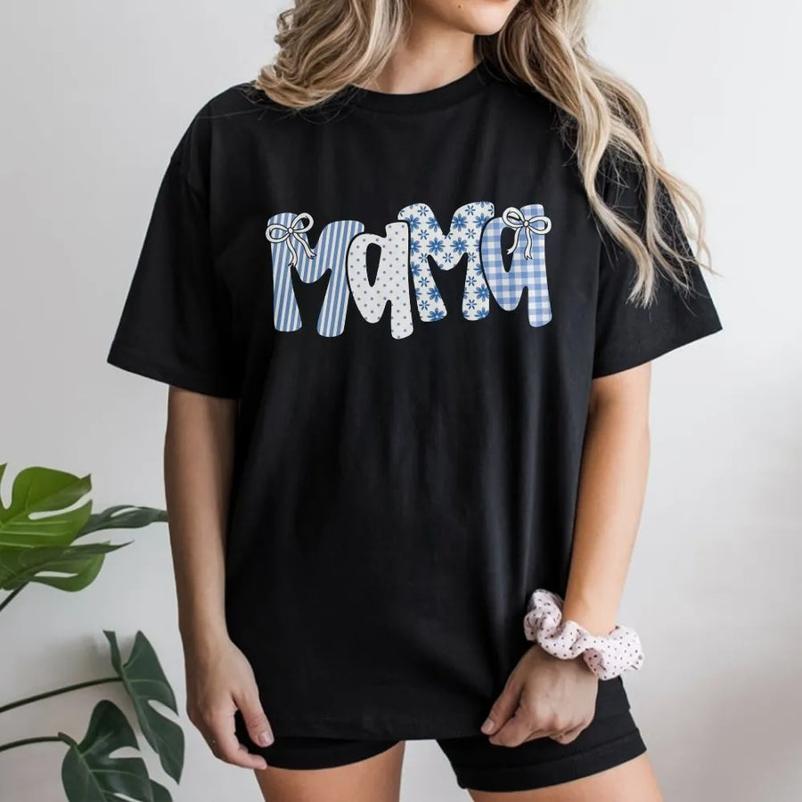 Mama T-Shirt | Cute Blue Gingham & Floral Lettering | Cozy Cotton Blend Pullover | Gift for New Mom, Mothers Day Present