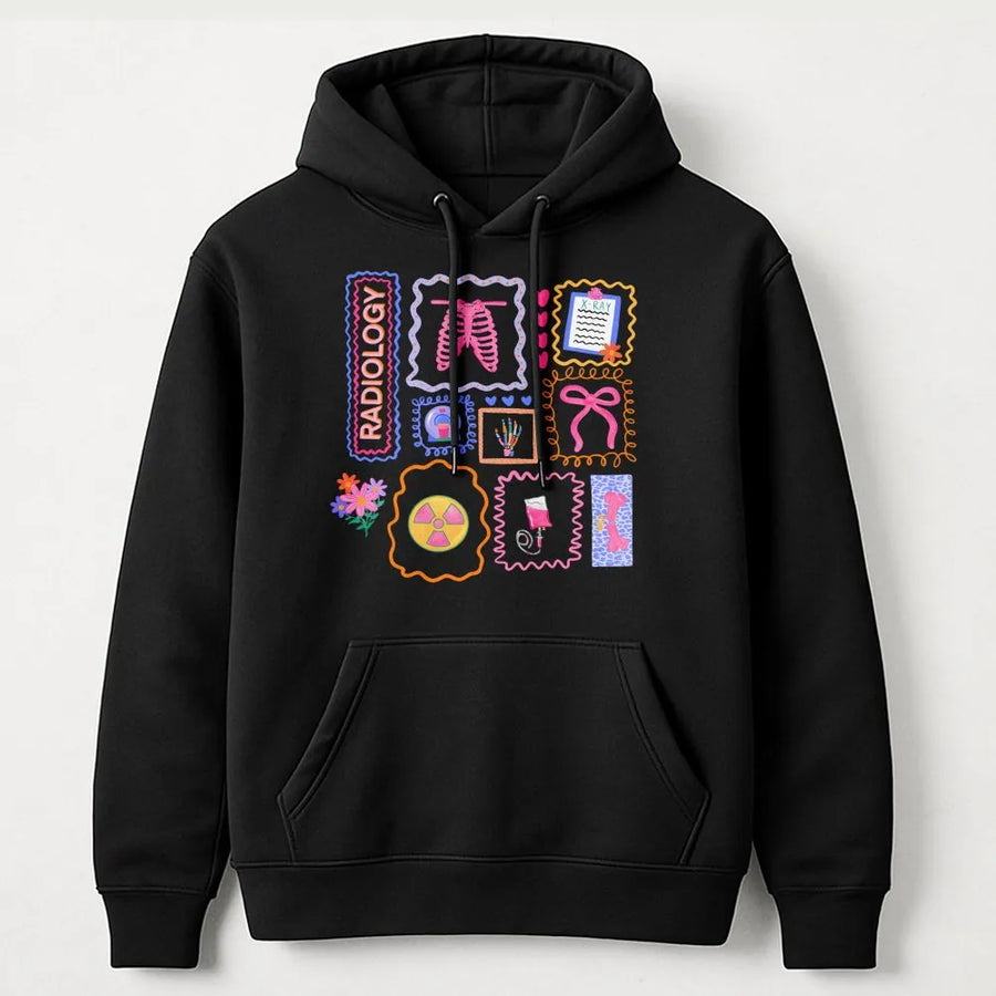 Radiology Tech Hoodie | Cute Medical Icons Graphic Sweatshirt | Premium Cotton Blend | Gift for Rad Tech, Xray Technician Appreciation