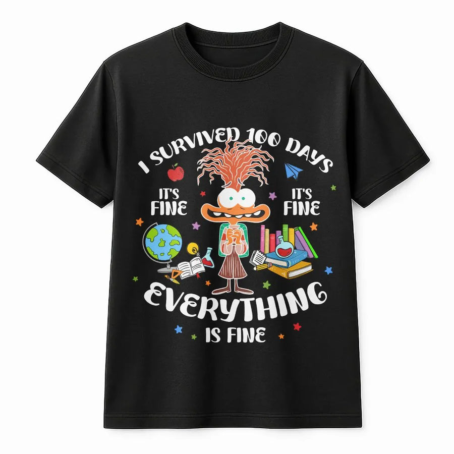 100 Days Of School Teacher T-Shirt | Funny Everything Is Fine Design | Premium Cotton Apparel | Gift For Elementary Teachers & Students