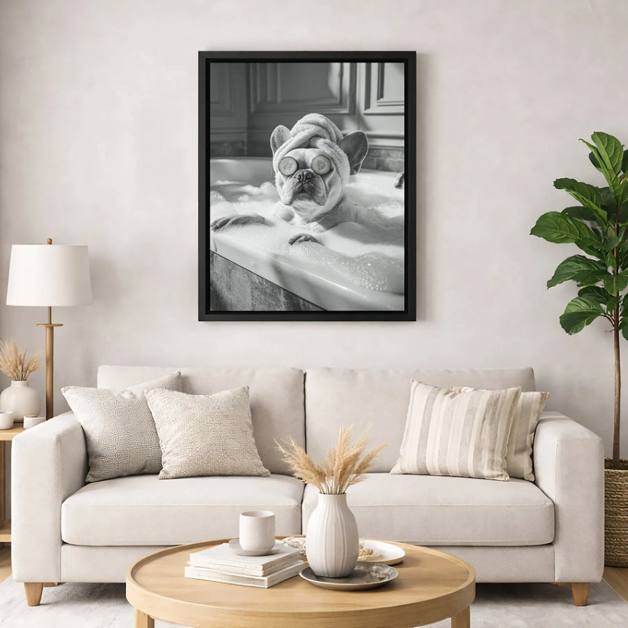 French Bulldog Spa Day Canvas | Cute Dog in Bubble Bath Wall Art | 1.25 Inch Gallery Wrap | Funny Bathroom Decor for Dog Lovers