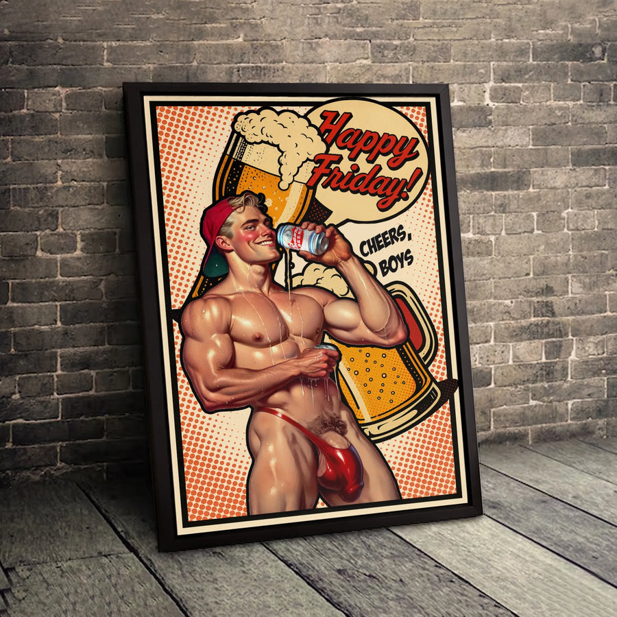 Gay Bar Decor Canvas | Happy Friday Beer Pop Art Print | Premium Masculine Wall Art | Gift for Him or Man Cave