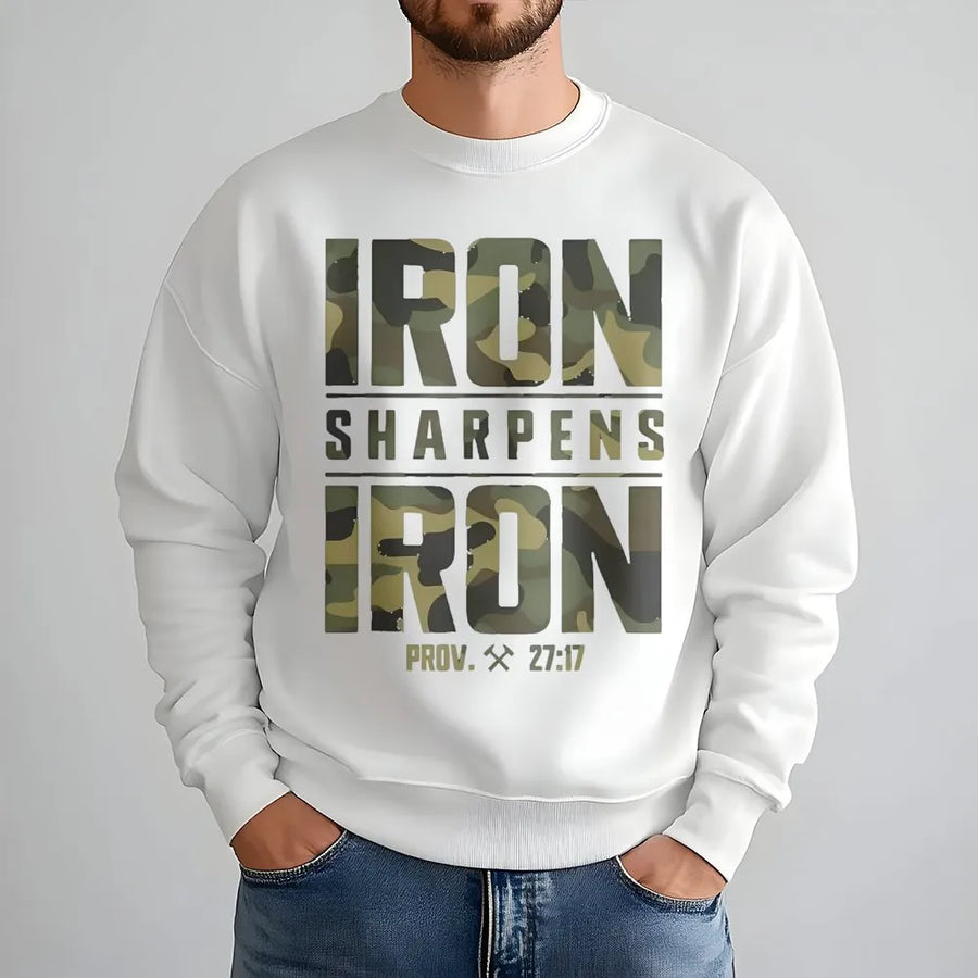 Iron Sharpens Iron Sweatshirt | Proverbs 27:17 Camo Graphic | Premium Cotton Blend | Christian Faith Gift for Men and Women