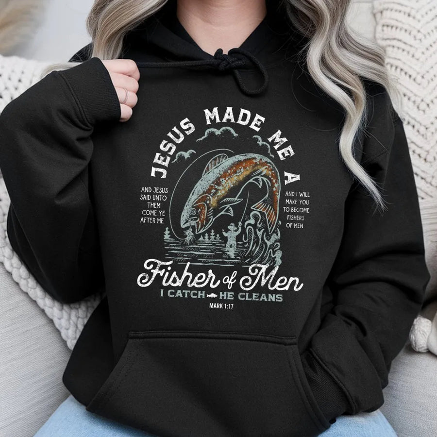 Fisher Of Men Hoodie | Christian Bible Verse Mark 1:17 Graphic | Premium Cotton Blend | Inspirational Faith Gift For Fisherman And Outdoor Lovers