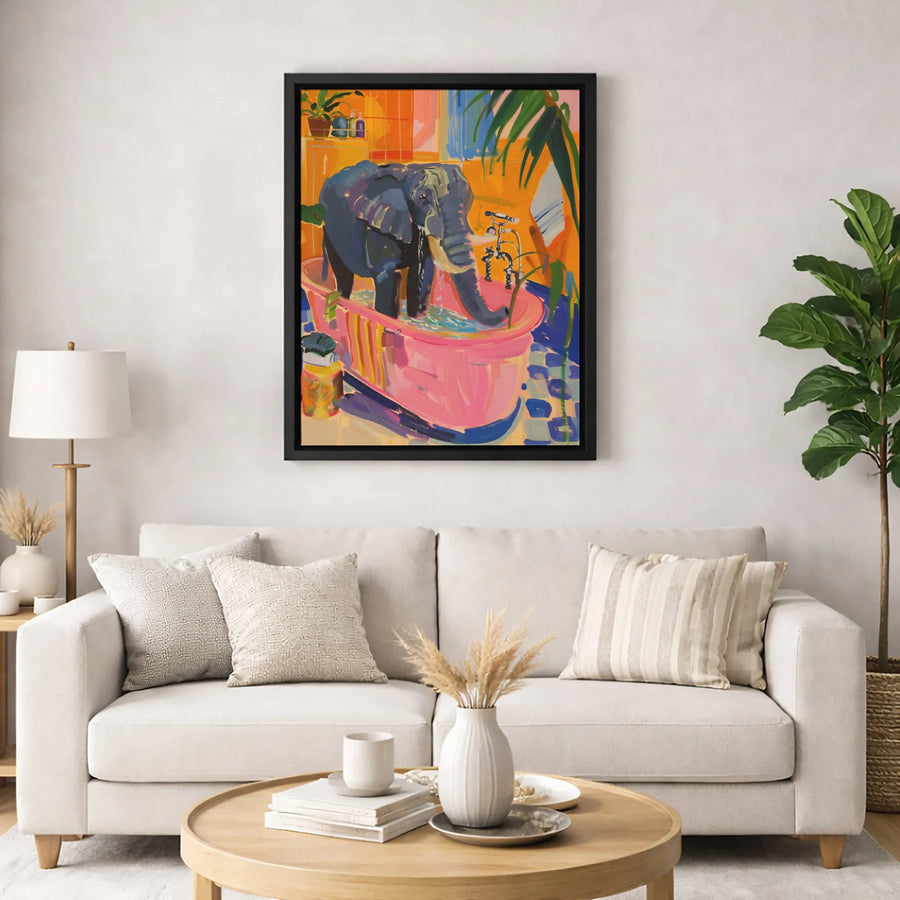 Elephant In Bathtub Canvas Wall Art | Colorful Expressionist Animal Print | 1.25-Inch Gallery Wrap | Whimsical Home Decor Gift