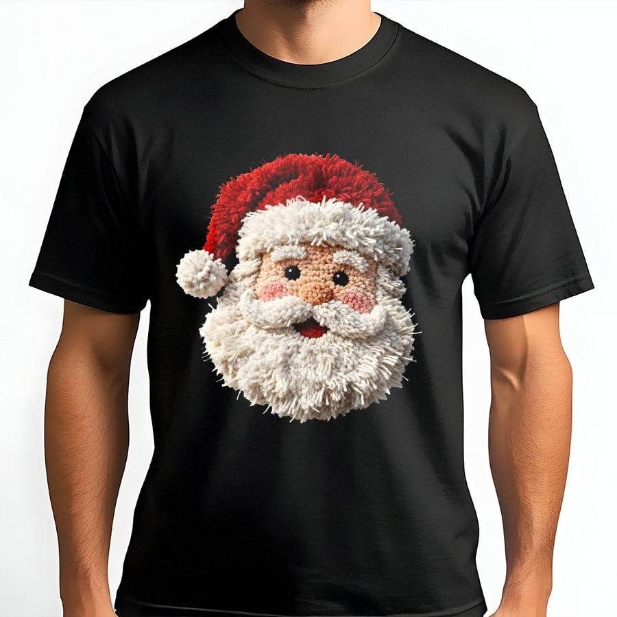 Punch Needle Santa Graphic T-Shirt | Textured Yarn Look Christmas Design | Premium Soft Cotton Tee | Festive Holiday Gift for Women and Men