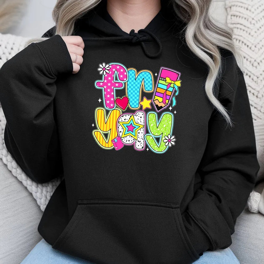 Friyay Hoodie | Colorful Retro Teacher School Graphic | Premium Cotton Blend | Gift for Teachers Elementary Kindergarten Staff