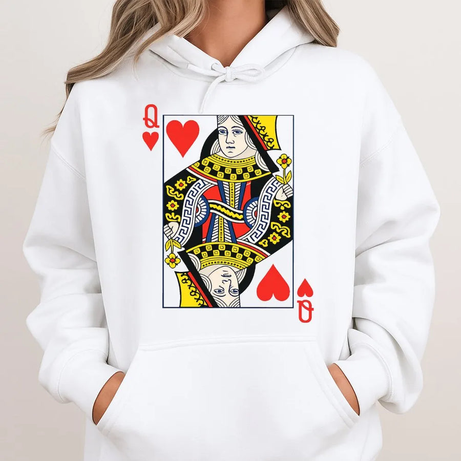 Queen of Hearts Hoodie | Playing Card Graphic Sweatshirt | Premium Cotton-Blend Pullover | Aesthetic Gift for Her Poker and Casino Lovers