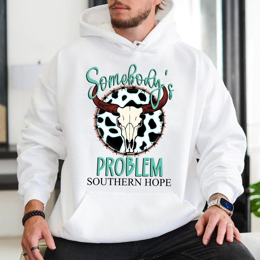 Somebody's Problem Cow Skull Hoodie | Western Country Aesthetic Graphic | Soft Cotton-Poly Blend | Premium Gift for Southern Women and Cowgirls