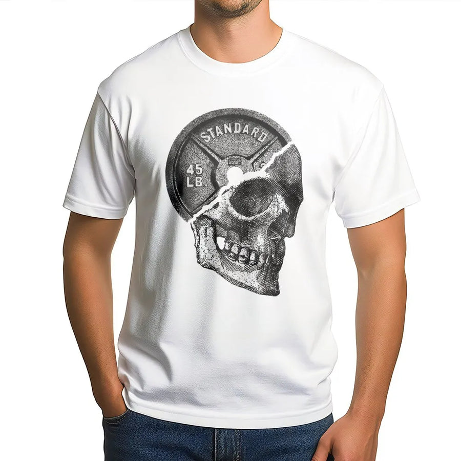 Gym Skull T-Shirt | 45lb Weight Plate Graphic | Premium Cotton Fitness Tee | Gift for Bodybuilder or Weightlifter