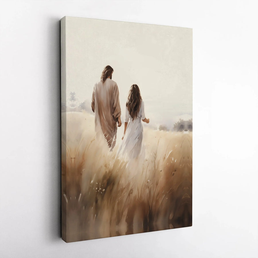 Jesus Walking with Woman Canvas Art | Serene Field Landscape Print | Gallery-Quality 1.25 inch Thick | Inspirational Religious Home Decor Gift