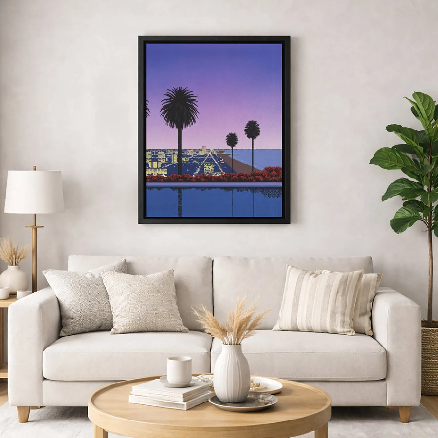 Retro Coastal City Canvas Art | 80s Vaporwave Palm Tree Sunset | Gallery Quality 1.25 Inch Thick Profile | Modern Minimalist Home Decor Wall Print