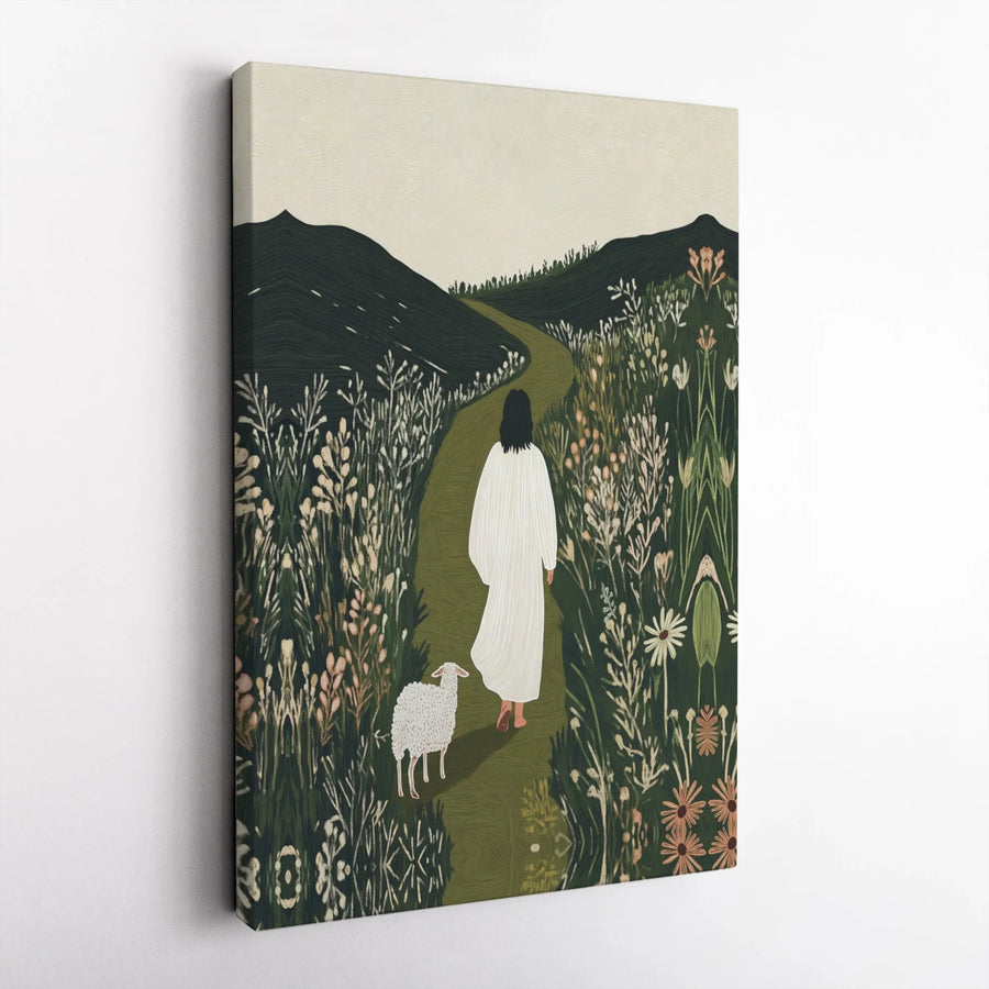 Jesus The Good Shepherd Canvas Art | Minimalist Wildflower Meadow Landscape | Premium Fade-Resistant Gallery Wrap | Christian Home Wall Decor Gift