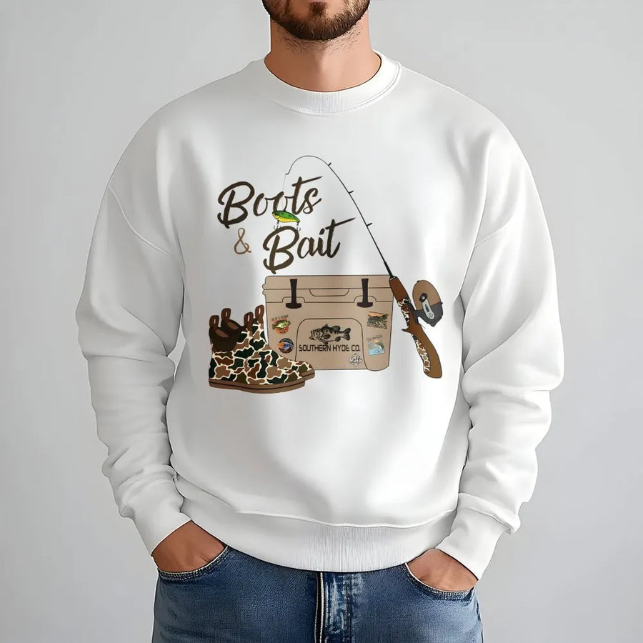 Boots and Bait Fishing Sweatshirt | Country Style Camo Graphic Design | Premium Cotton Blend | Gift for Anglers and Lake Lovers