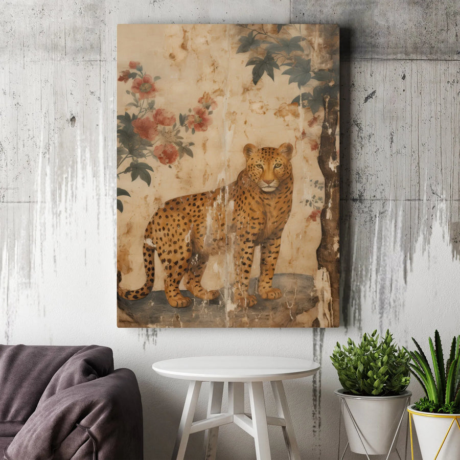 Leopard Floral Canvas Wall Art | Vintage Distressed Animal Painting | 1.25-Inch Gallery Wrap | Bohemian Home Decor Gift