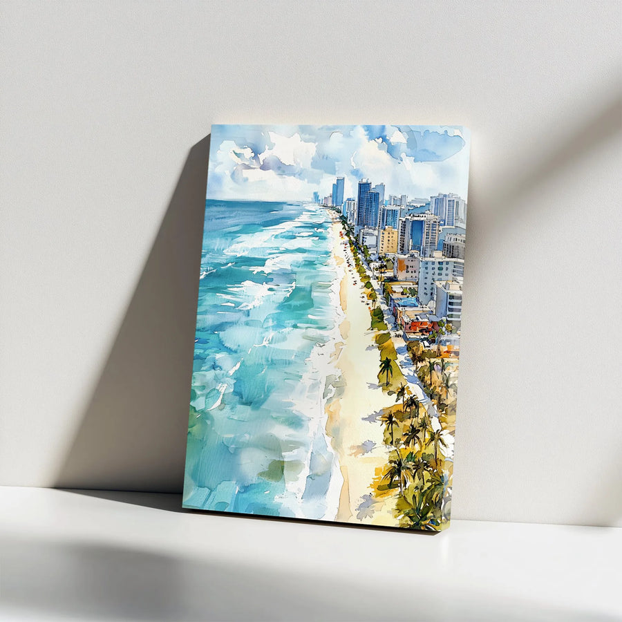 Miami Beach Canvas Wall Art | Watercolor Cityscape Painting | Premium Gallery Wrapped Print | Living Room Decor & Beach House Gift