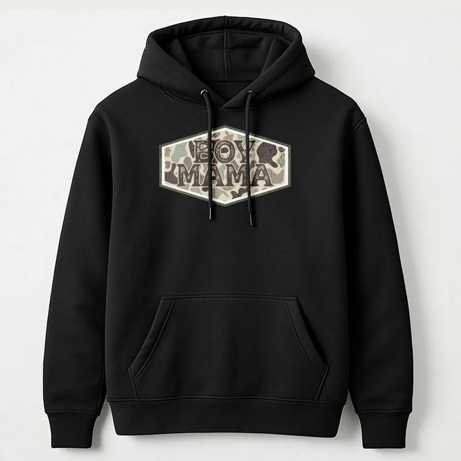 Boy Mama Camo Hoodie | Vintage Hunting Graphic Sweatshirt | Cozy Cotton Blend | Gift for Outdoorsy Mom