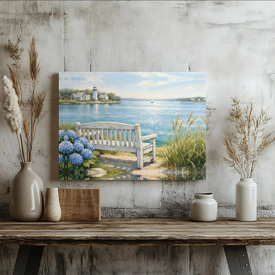 Coastal Lighthouse Canvas Art | Serene Seaside Bench & Hydrangeas Print | Premium Gallery Wrap | Nautical Living Room Decor Gift