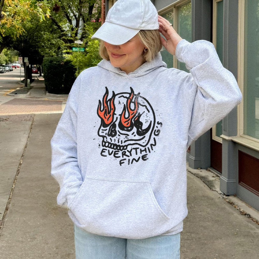 Everything Is Fine Skull Hoodie | Flaming Eyes Graphic Print | Premium Cotton Blend | Edgy Grunge Aesthetic Gift for Men and Women