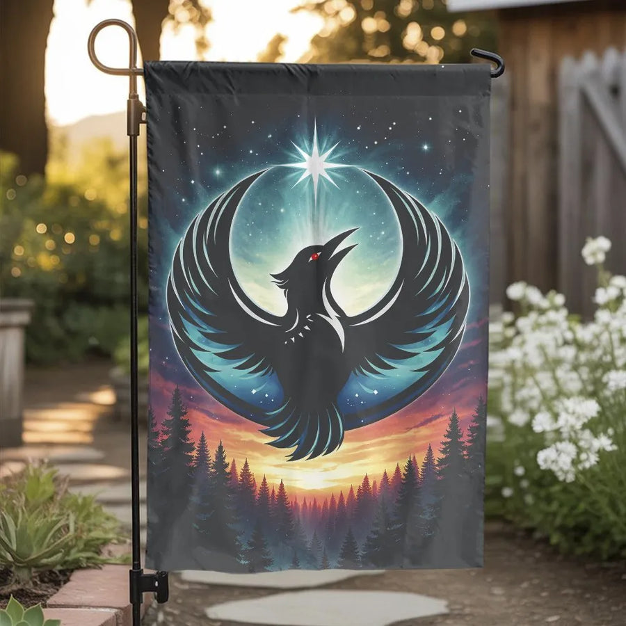 Mystic Raven Garden Flag | Celestial Night Sky & Forest Design | Double-Sided Premium Polyester | Outdoor Decor Gift for Mythology Lovers