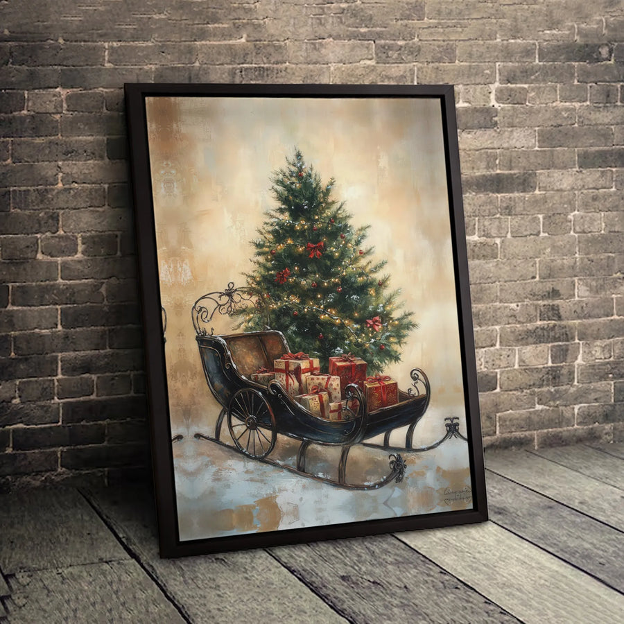 Vintage Christmas Sleigh Canvas Print | Festive Tree With Presents Wall Art | Premium Gallery-Wrapped 1.25" Profile | Holiday Home Decor Gift
