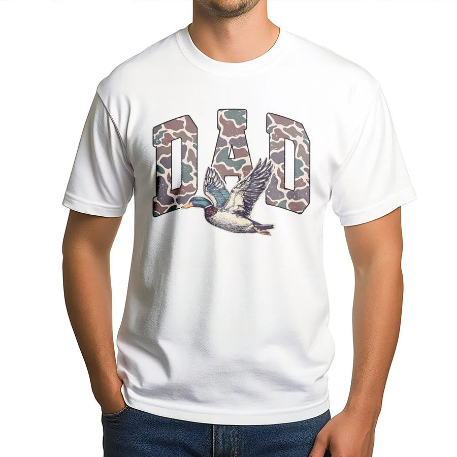 Camo Dad T-Shirt | Flying Mallard Duck Hunting Graphic | Premium Soft Cotton | Perfect Gift for Hunters and Outdoorsmen