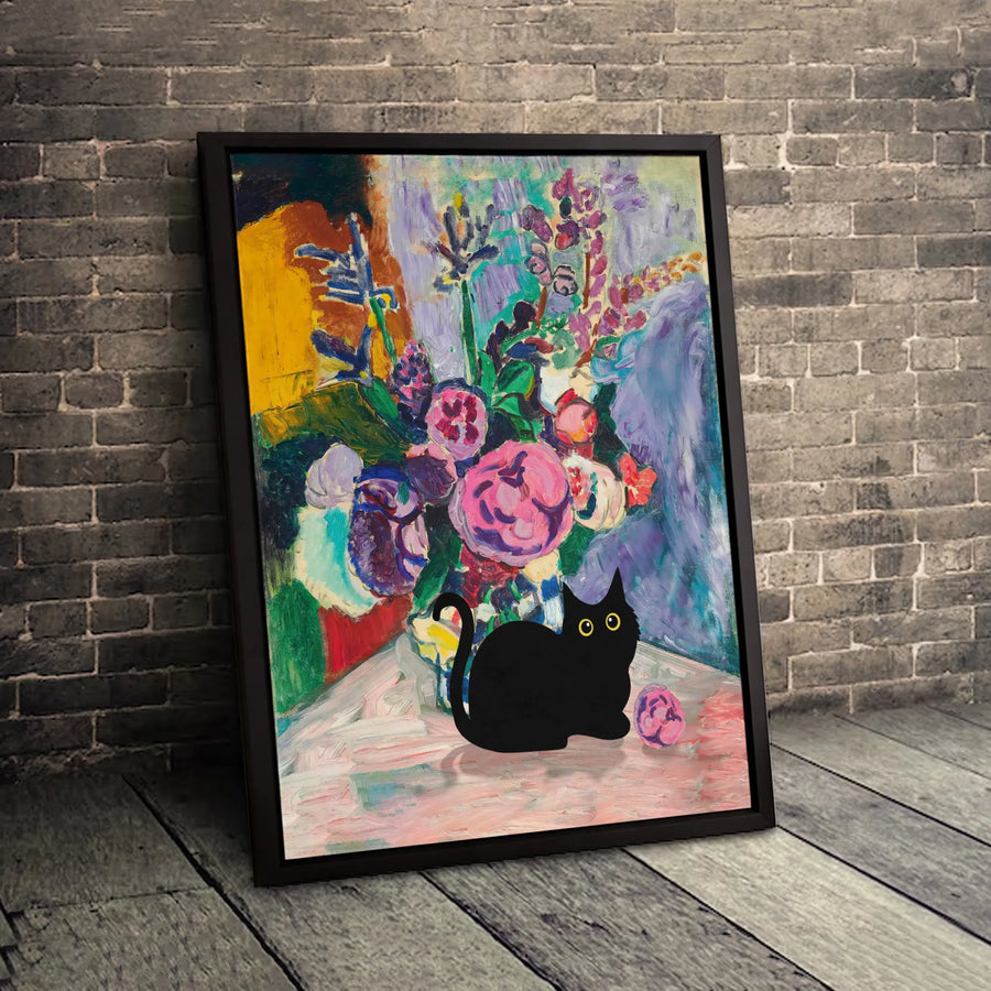 Black Cat Wall Art | Abstract Floral Bouquet Oil Painting Style | Premium Gallery Wrapped Canvas | Whimsical Gift For Cat Lovers