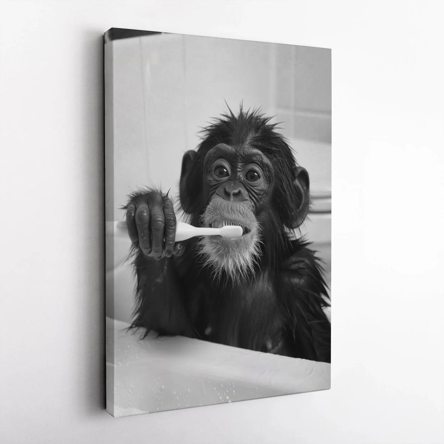 Funny Chimp Canvas Wall Art | Bathroom Decor Portrait | Premium Gallery Wrapped Print | Quirky Animal Gift for Bathroom Wall