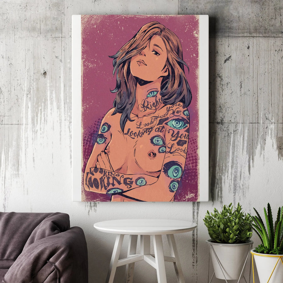 All Seeing Eye Tattoo Canvas Art | Pop Art Woman with Eye Tattoos | Premium 1.25" Thick Gallery Wrap | Unique Wall Decor Gift for Living Room