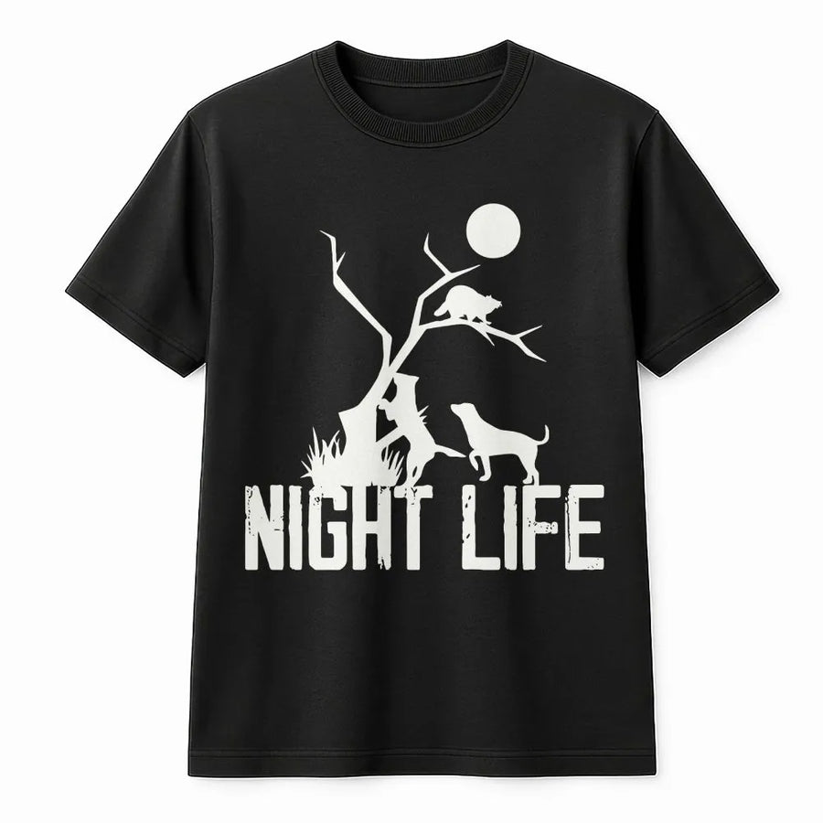 Coon Hunting T-Shirt | Night Life Raccoon Hunter Graphic | Premium 100% Cotton Tee | Gift for Outdoorsman Hunter