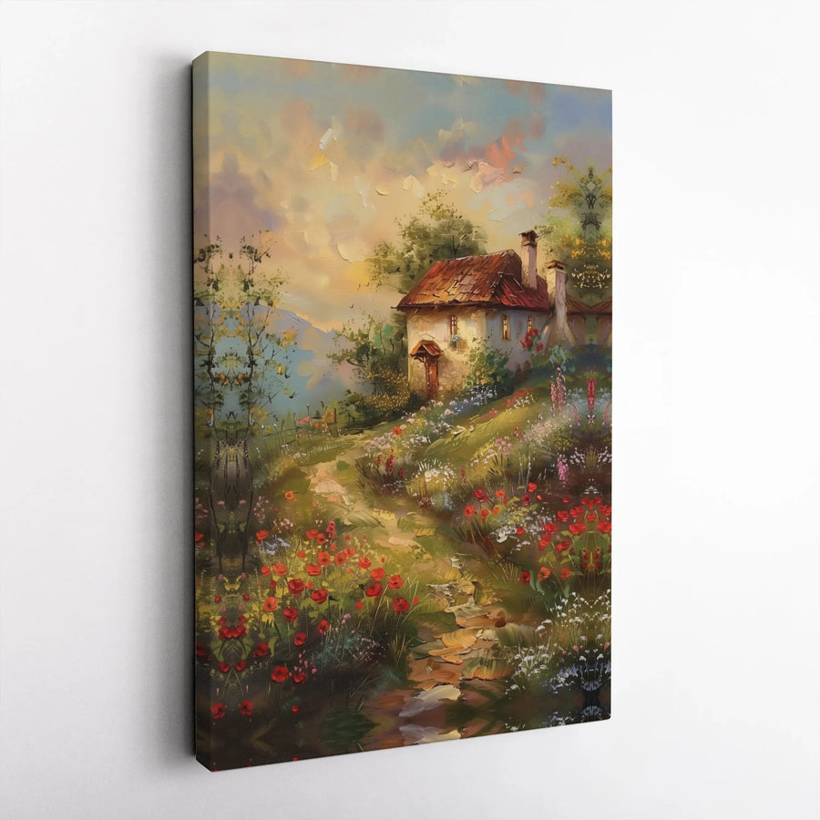 Cottage Landscape Canvas Wall Art | Impressionist Poppy Field Painting | 1.25" Gallery Wrap | Nature Home Decor Gift for Living Room